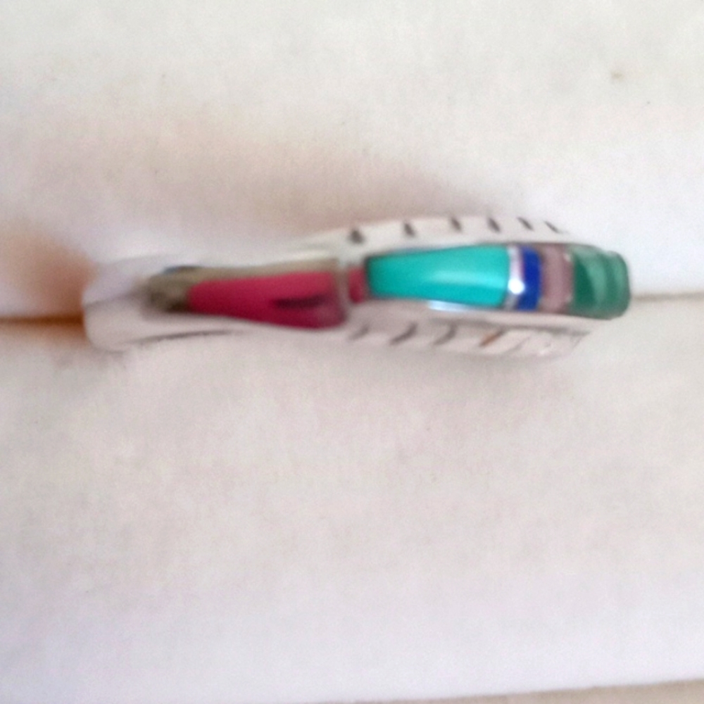 VINTAGE NATIVE AMERICAN MULTI-GEM IN LAY STERLING SILVER RING - Picture 2 of 7